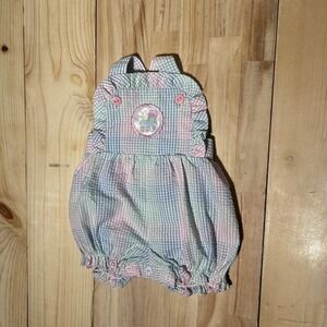 VTG Baby Romper Sz 3-6 Mos  Pink/Blue/Green Gingham Train Applique Buttons